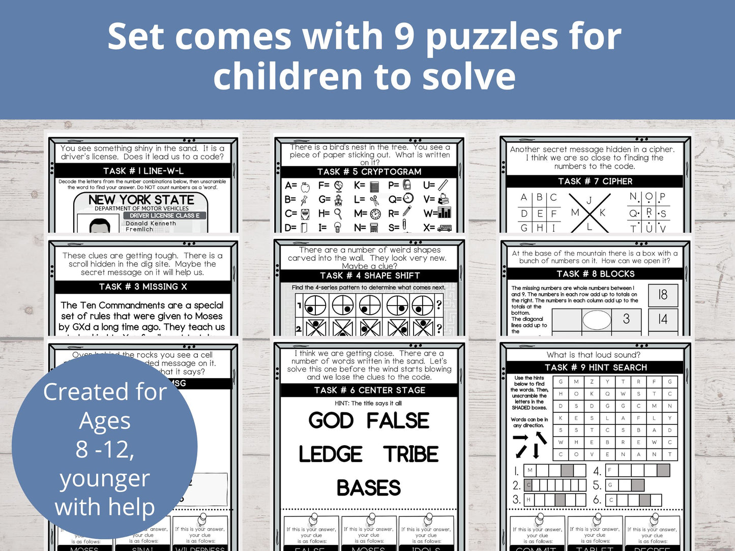 Ten Commandments Printable Escape Room for Kids - 9 puzzles