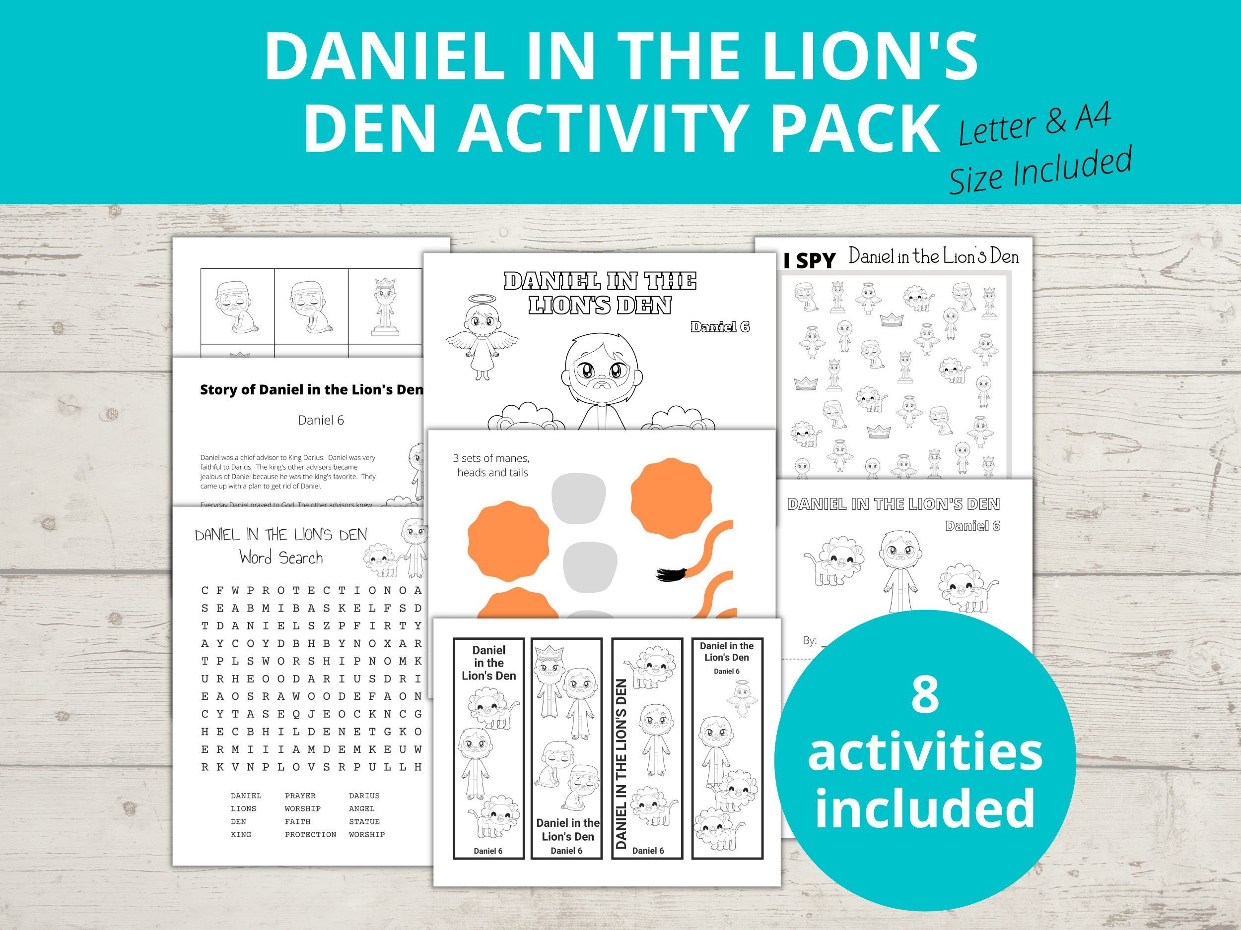 Daniel in the lions den with a bright light shining down on him