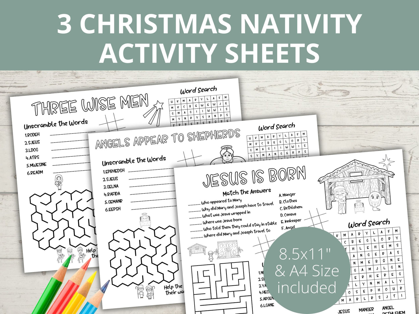 Set of 3 Christmas Nativity Activity Sheets