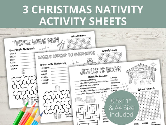 Set of 3 Christmas Nativity Activity Sheets