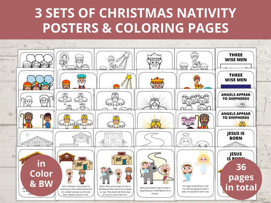 Set of 3 Christmas Nativity Posters and Coloring Pages