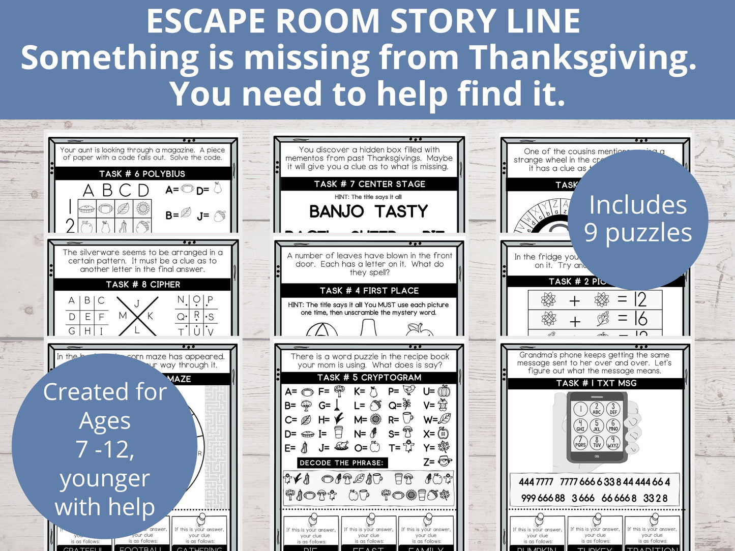 Fall Corn Maze Printable Escape Room for Kids - 9 puzzles