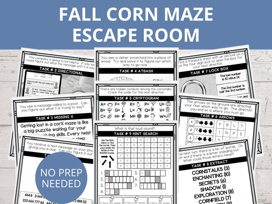 Fall Corn Maze Printable Escape Room for Kids - 9 puzzles