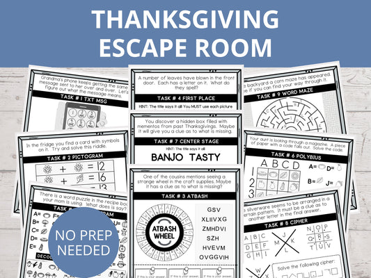 Thanksgiving Printable Escape Room for Kids - 9 puzzles