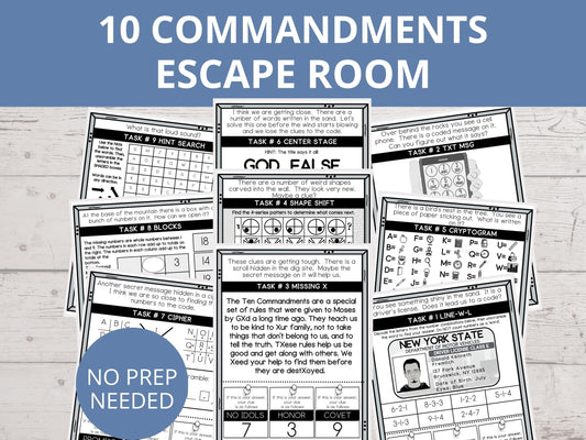 Ten Commandments Printable Escape Room for Kids - 9 puzzles