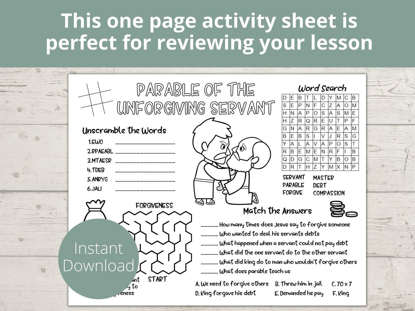 Parable of Unforgiving Servant Printable Activity Page