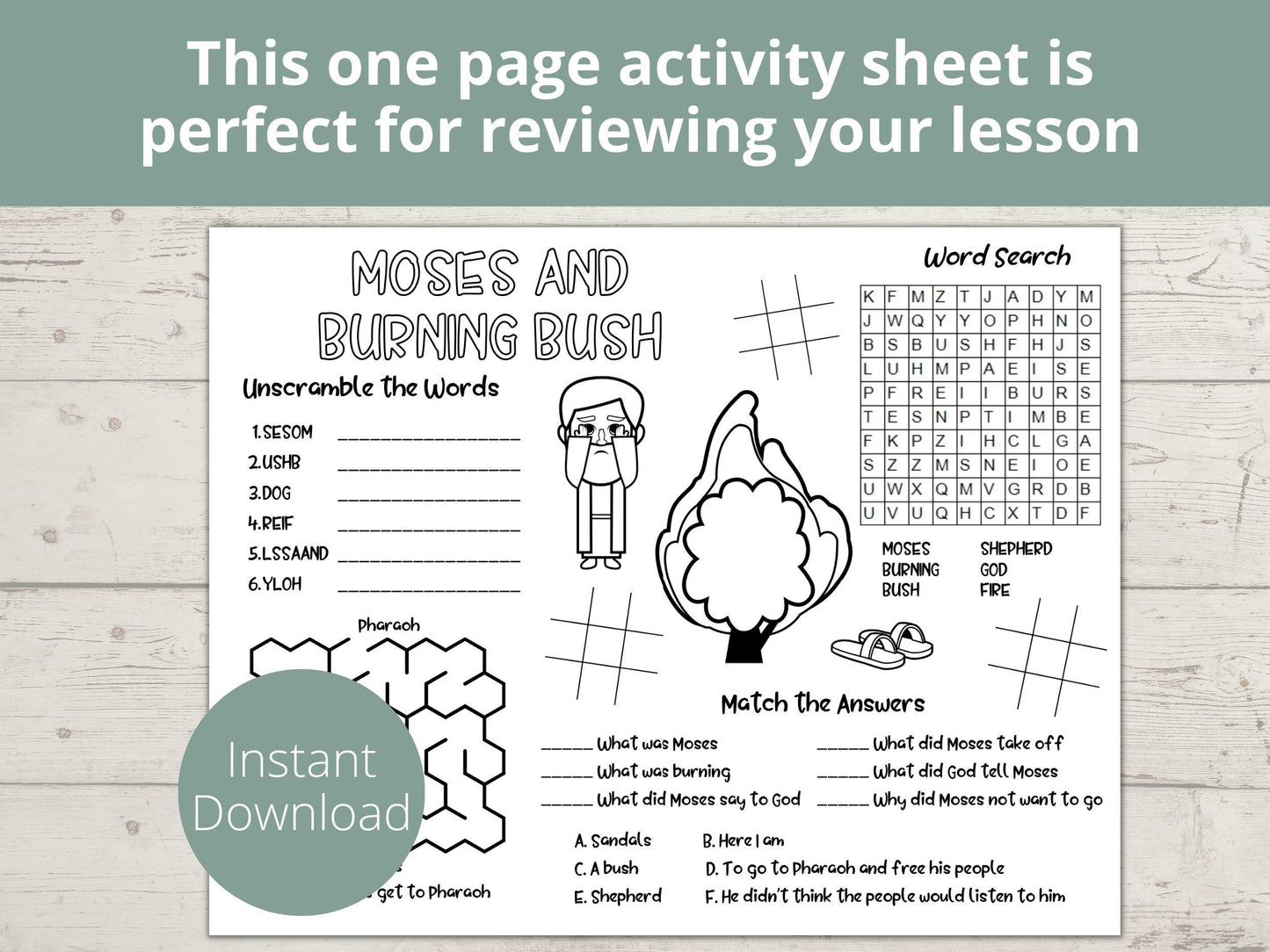 Moses and Burning Bush Printable Activity Page