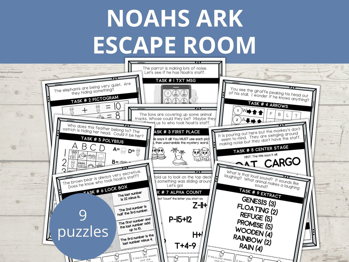 Noah's Ark Printable Escape Room for Kids - 9 Puzzles